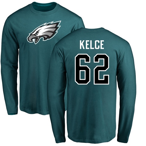 Men Philadelphia Eagles #62 Jason Kelce Green Name and Number Logo Long Sleeve NFL T Shirt